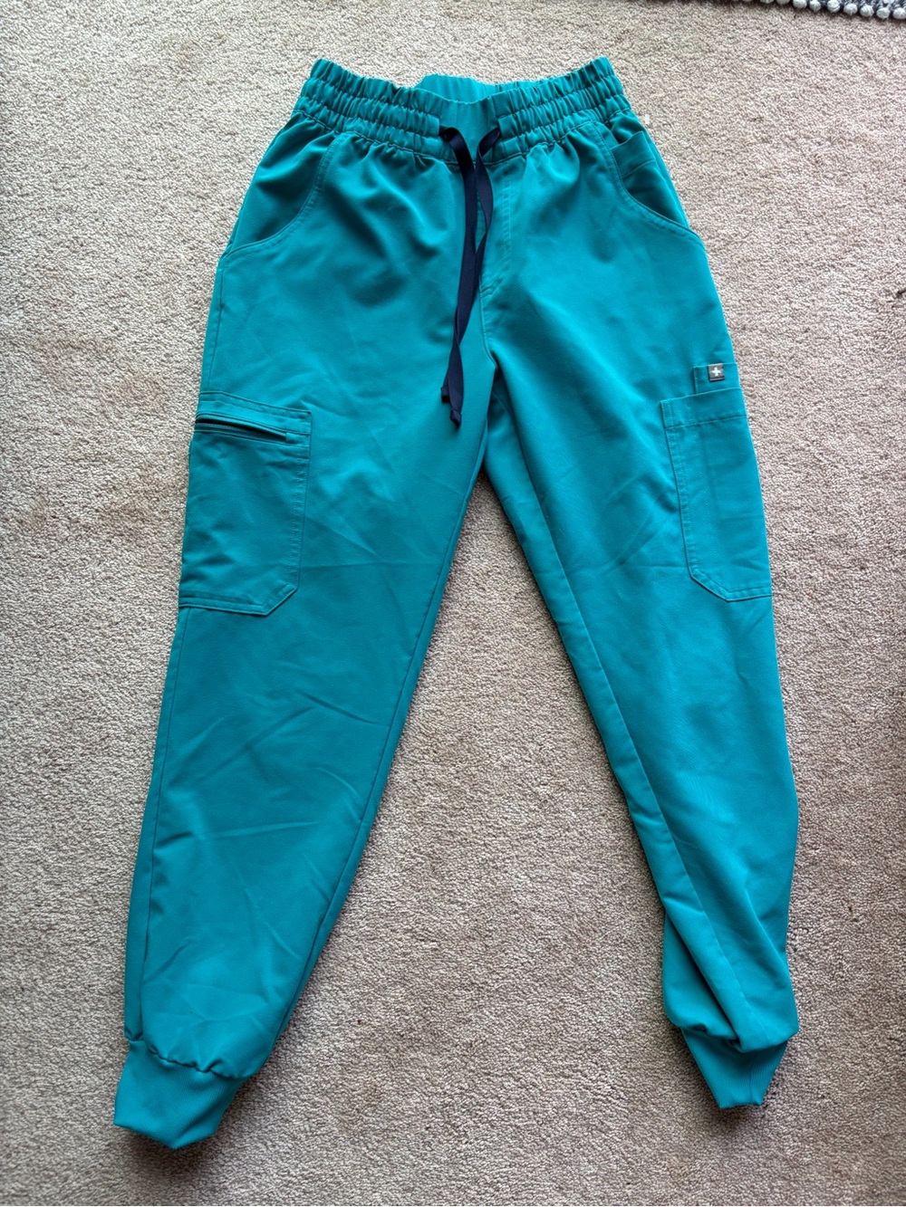 Figs Teal Cargo Jogger Pants with Navy Drawstring